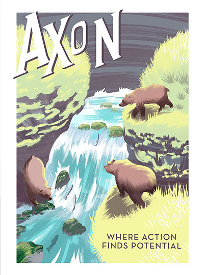 Illustration of three bears hunting for fish in a flowing river with the words: "Axon: Where Action Finds Potential"