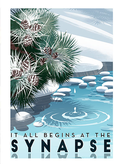 Snow melting off the branch of a bush at the water's edge creates a ripple effect in the pool of water below. Words at the bottom of the image say "It All Begins at the SYNAPSE"