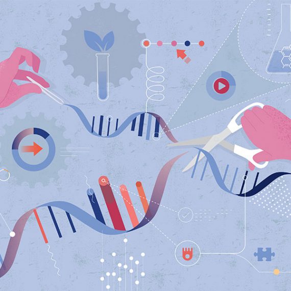 Illustration of two hands cutting DNA with scissors and tweezers.